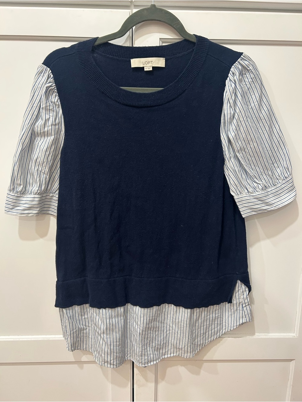 LOFT Navy Pullover with White & Blue Striped Shirt Details